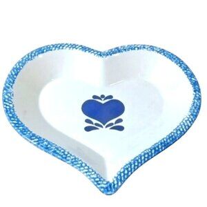 Blue Spongeware Heart Shaped Pie Dish‎ w/ Blue Heart Decor Glazed